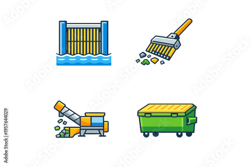 A set of four flat vector icons representing waste management and