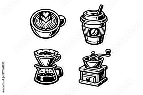 A collection of four black and white sticker illustrations featuring