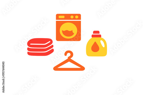 A set of laundry icons including an orange washing machine, a yellow