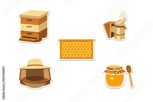 A collection of beekeeping icons featuring a wooden beehive, a smoker