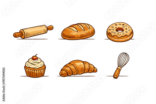 A collection of hand-drawn bakery illustrations including a rolling