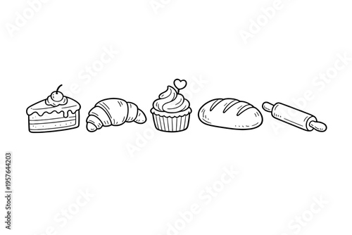 A black and white line art illustration featuring a row of bakery