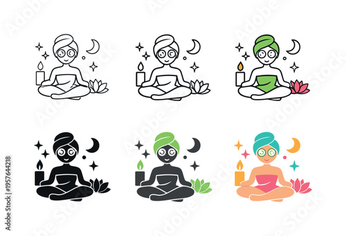 Relaxation ritual icon depicting a person in calming self-care activities such as spa treatment and meditation with abstract