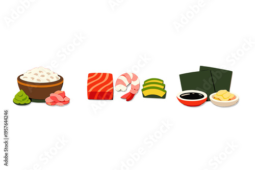 A stylized illustration featuring various sushi ingredients including