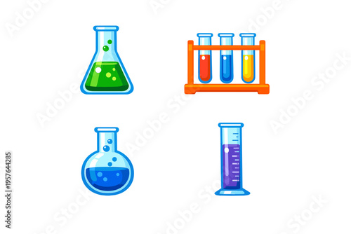 Set of laboratory glassware icons featuring an Erlenmeyer flask, test