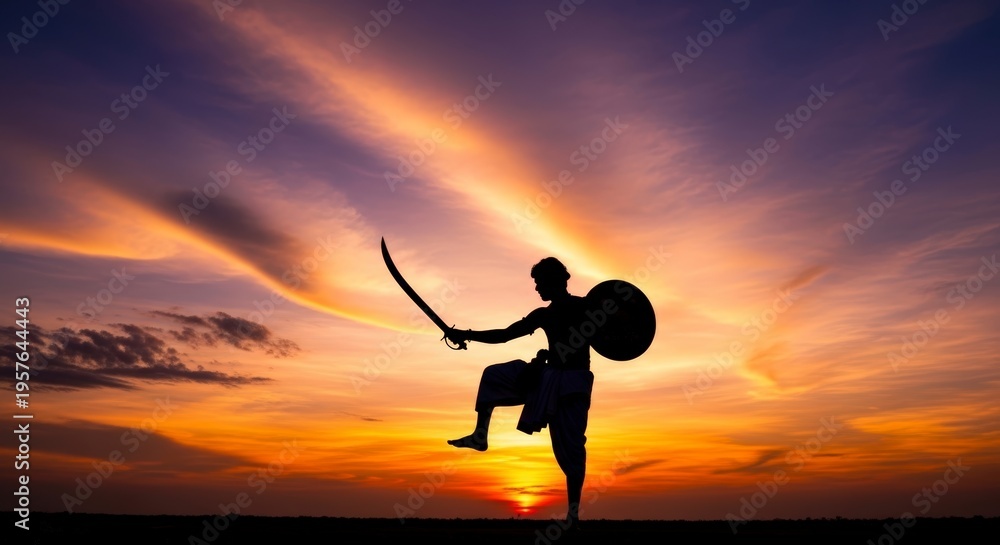 Fototapeta premium Warrior silhouette with sword and shield.
