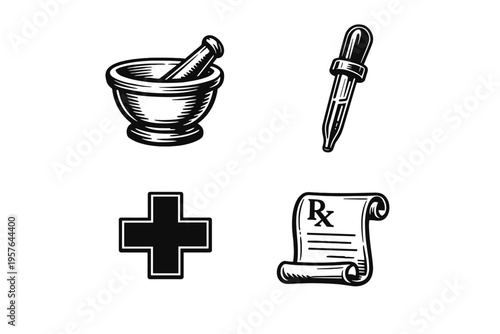 Set of four vintage medical and pharmacy icons featuring a mortar and