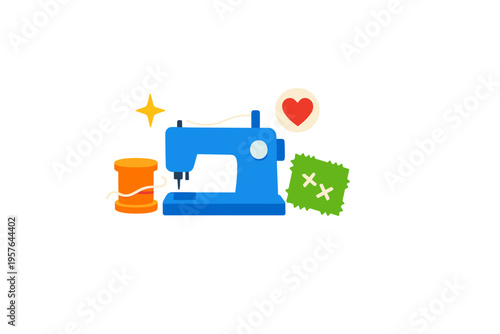 A 3D-style illustration of a blue sewing machine with an orange spool
