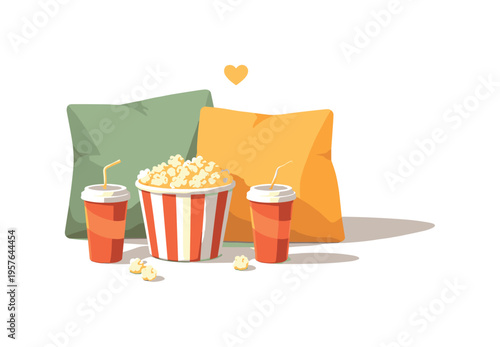 Minimal family movie night essentials with sofa cushions popcorn and cups loosely arranged seen from a slight angle, offset to