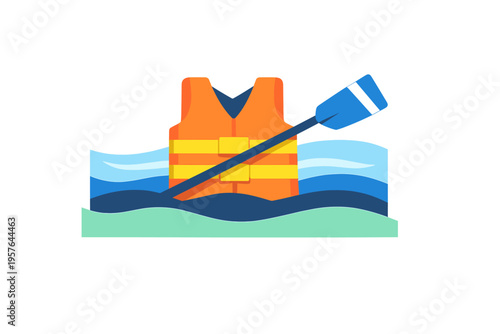 A flat vector illustration featuring an orange life jacket and a blue