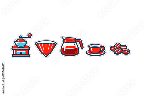 A collection of stylized coffee icons including a manual grinder, a