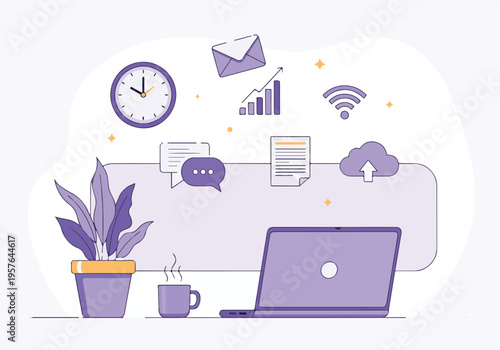 Digital workspace and remote work concept with business and technology icons