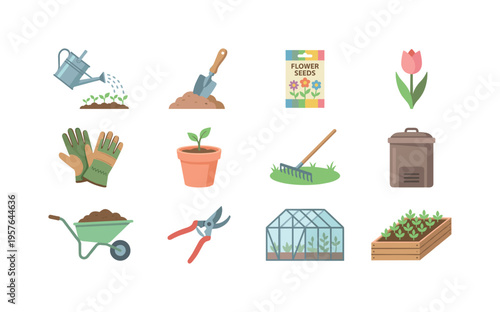 Gardening tools and plants collection for a beautiful home garden and healthy growth