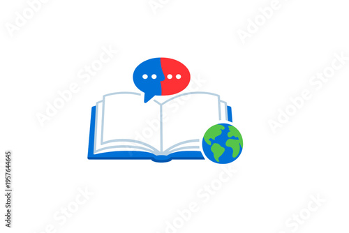 A minimalist illustration of an open blue book with a speech bubble