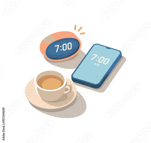 Morning routine: alarm clock, smartphone, and coffee cup set for 7:00 AM