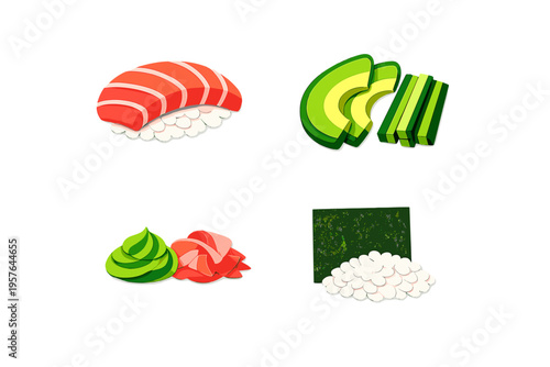 Stylized illustration of sushi components including a salmon nigiri