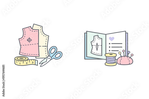 A set of flat vector illustrations featuring sewing and tailoring