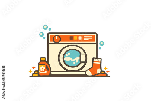 A flat vector illustration of a washing machine surrounded by laundry