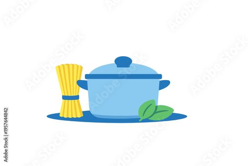 A minimalist flat vector illustration of a blue cooking pot with a