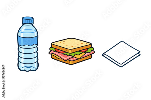 A cartoon illustration of a packed lunch featuring a plastic bottle