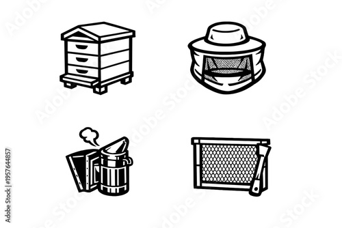 Set of four black and white vector icons representing beekeeping