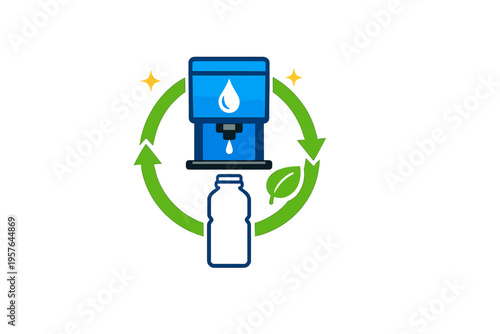A flat vector illustration features a blue water refill station with