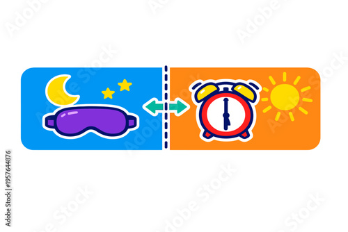 A colorful vector illustration comparing night and day, with a sleep