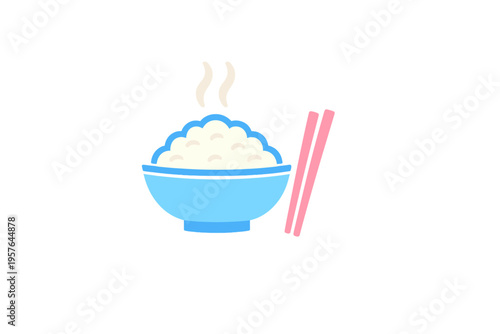 A flat illustration of a blue bowl filled with steaming white rice