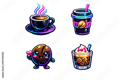 A collection of four vibrant coffee-themed stickers including a