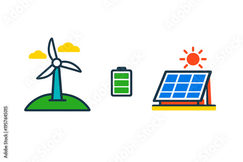 A flat vector illustration featuring renewable energy sources