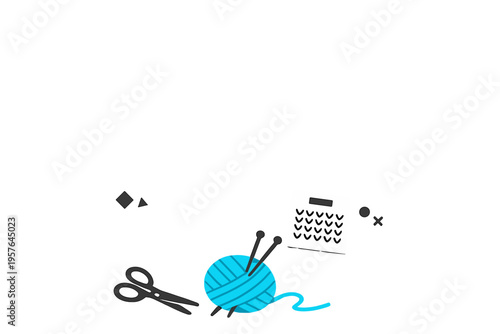 A minimalist illustration of knitting supplies featuring a blue ball