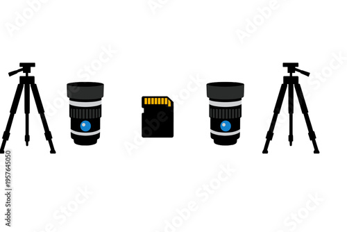A symmetrical arrangement of photography gear icons including black