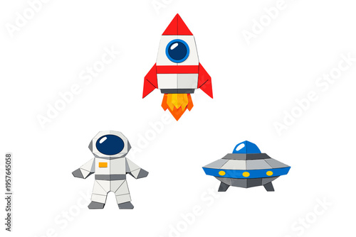 A collection of three 3D rendered icons featuring a rocket ship, an