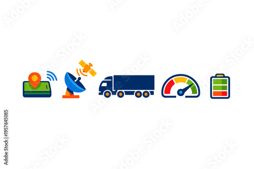 A set of five flat vector icons representing logistics and fleet