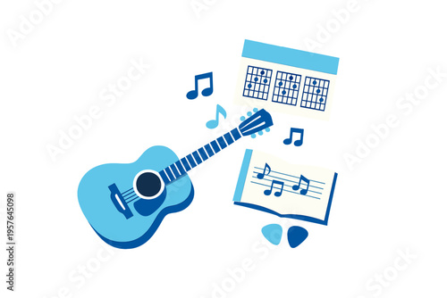 A blue vector illustration of an acoustic guitar surrounded by