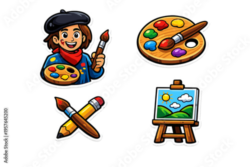 A collection of four cartoon art-themed stickers featuring a young