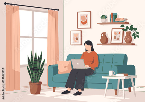 Woman teleworking on laptop from home in a cozy living room illustration
