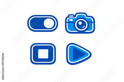 A set of four blue vector icons for media control, featuring a