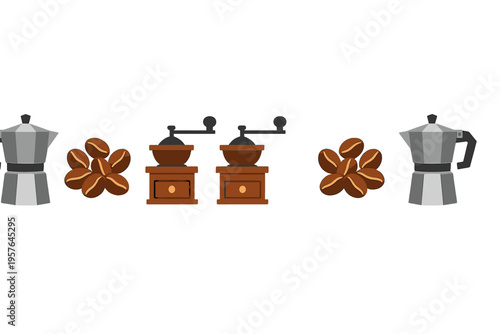 A horizontal row of flat vector icons featuring silver moka pots