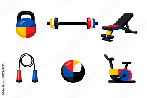 A collection of stylized fitness equipment icons including a