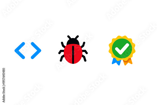 This set of three flat icons on a white background includes blue code