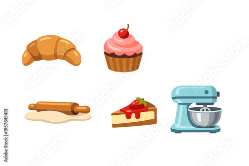 This set of colorful illustrations features various baking items such