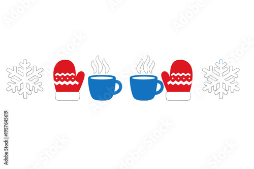 A symmetrical illustration of winter elements including red mittens