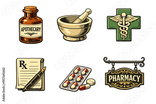 A collection of vintage pharmacy and apothecary icons including a
