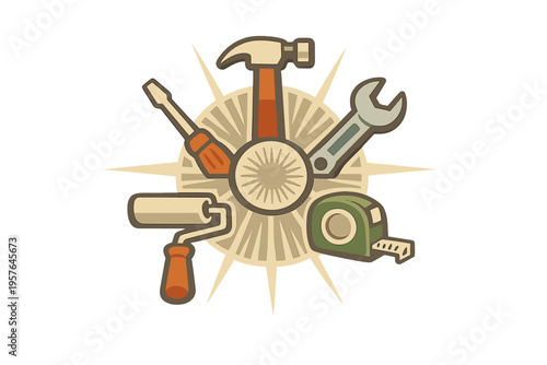 A stylized illustration featuring a collection of hand tools like a