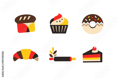 A collection of six minimalist bakery icons including bread, a