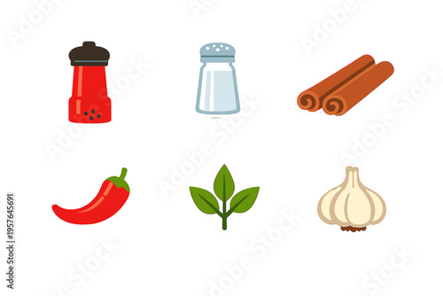 A collection of six flat vector icons representing common kitchen