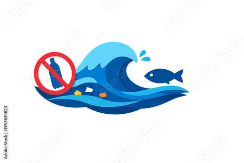 A paper-cut style illustration featuring a blue ocean wave with a