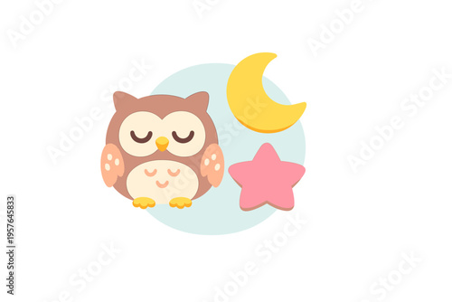 A cute cartoon owl with closed eyes is sleeping next to a yellow