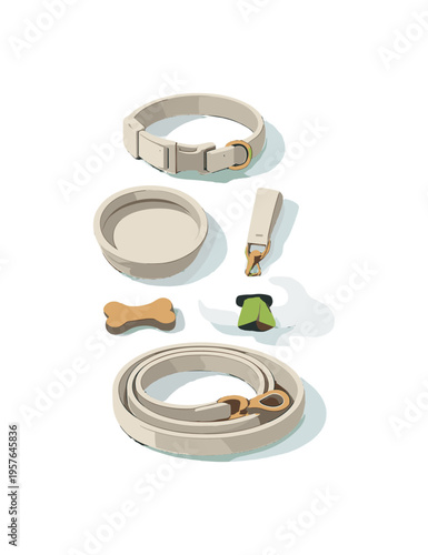 Airy dog walking essentials concept emphasizing organization and negative space seen in top-down macro perspective, positioned in